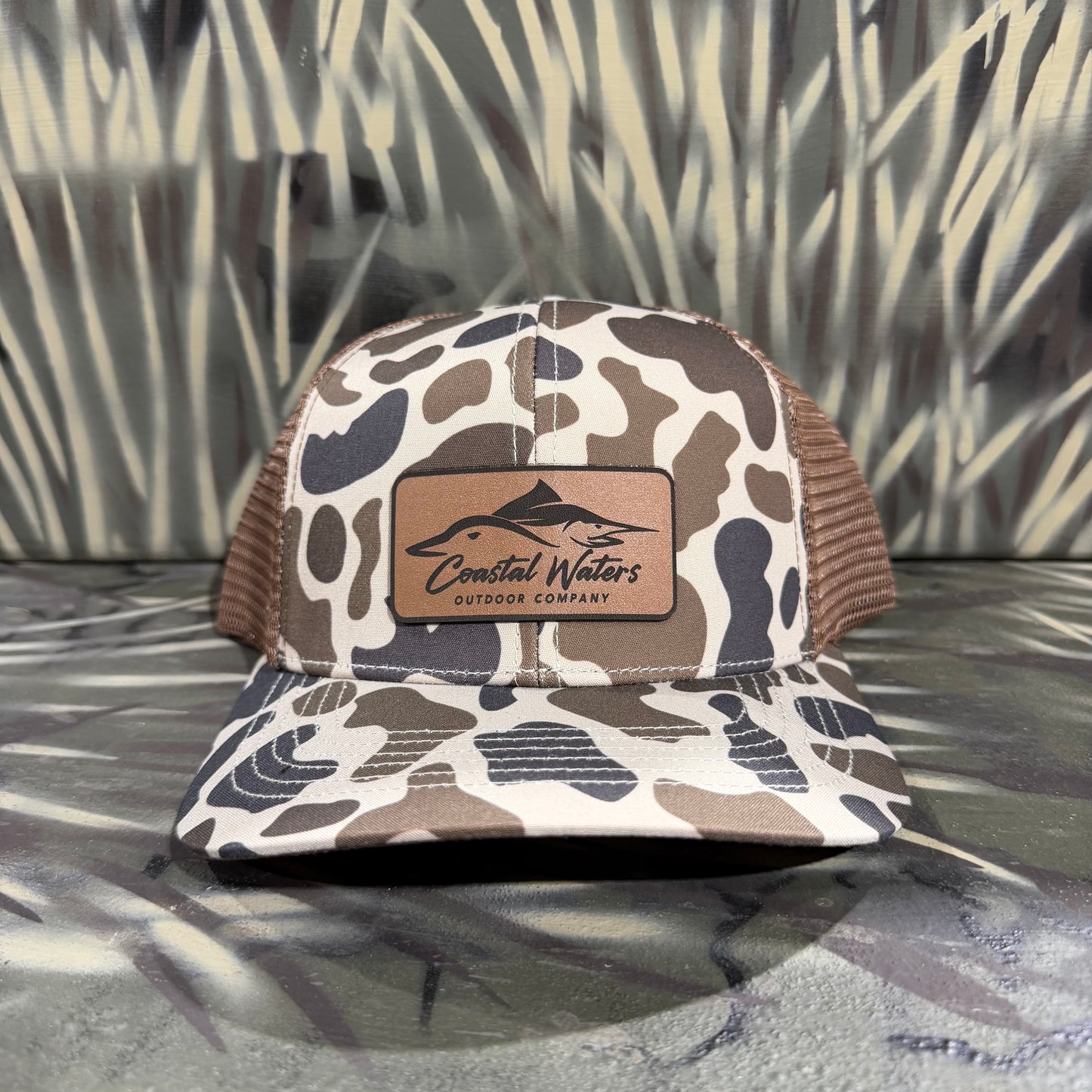 Leather Patch Trucker Hat | Retro Marsh Camo